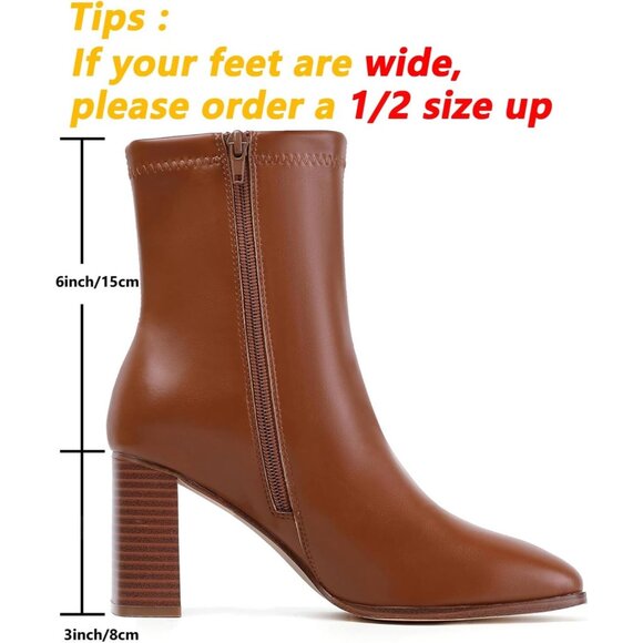 Women's Brown Chunky Block Heel Square Toe Side Zipper Short Booties - Picture 4 of 9